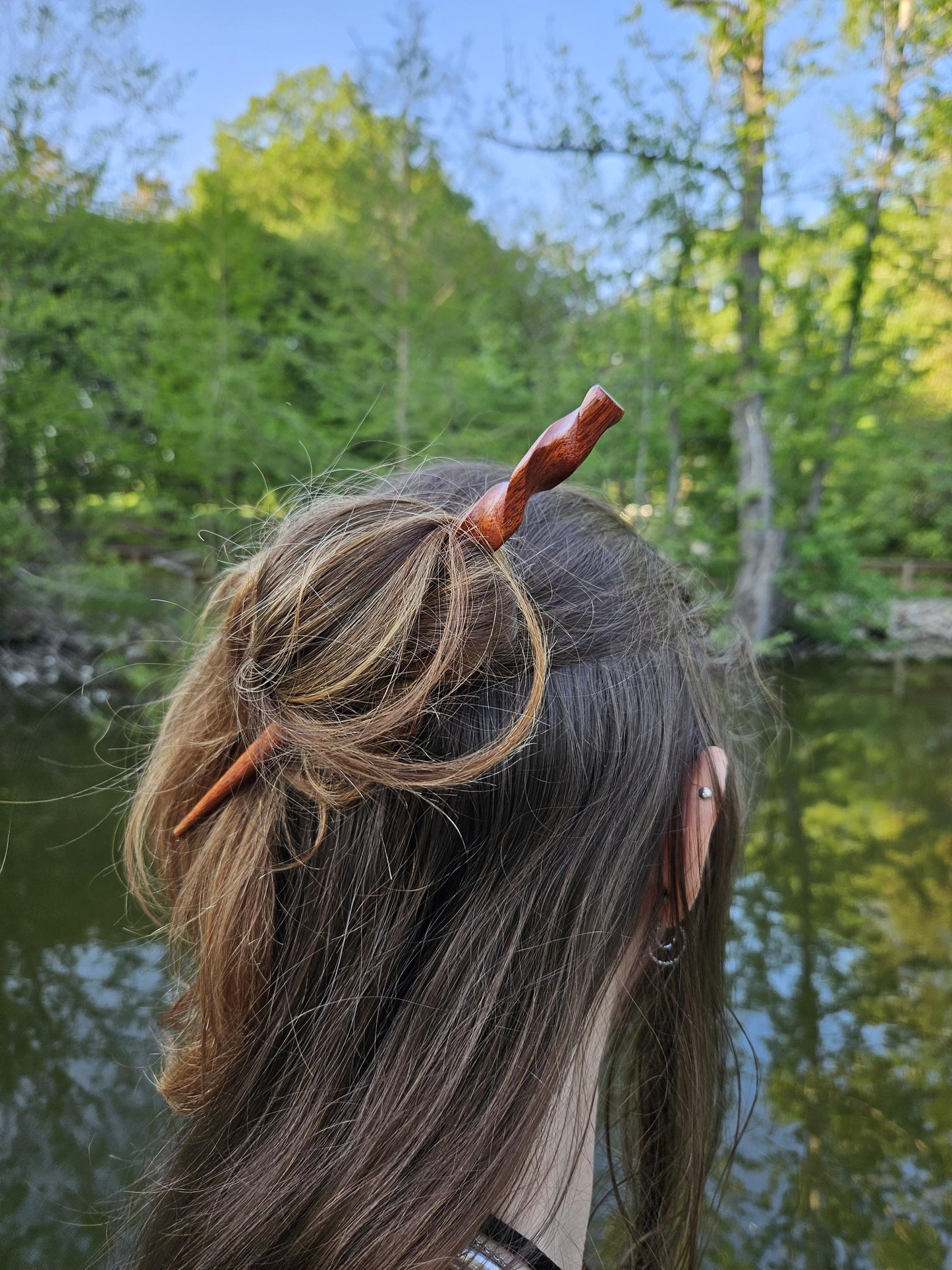 African Padauk Spiral Hair Stick 8" | Hand-Carved Wooden Updo Pin for All Hair Types, Natural Finish Hair Accessory