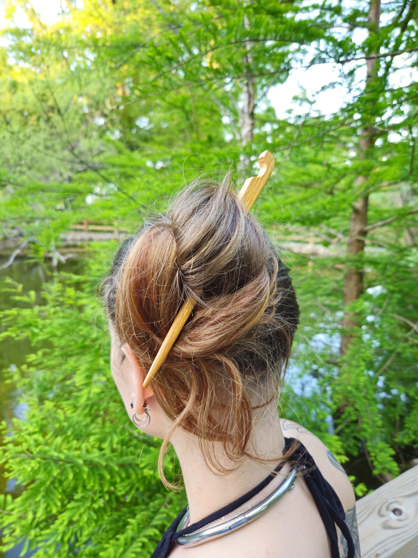Purpleheart Carved Hair Stick – Handmade Exotic Wooden Hair Pin with Thumb Notches | Natural Purple Hairstick for Buns & Updos