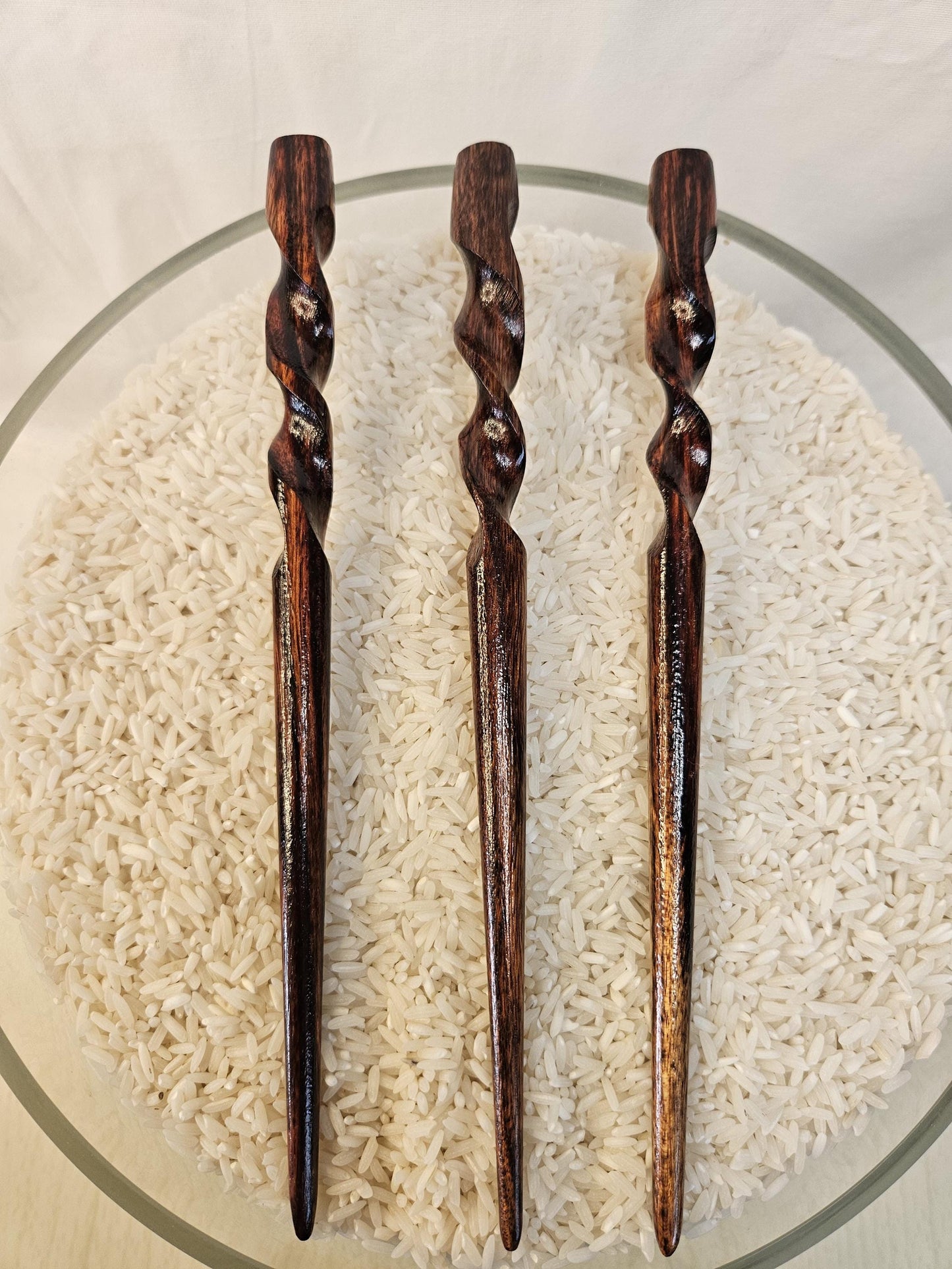 Caribbean Rosewood Spiral Hair Stick, 8" Hand-Carved | Natural-Finish Updo Pin for All Hair Types