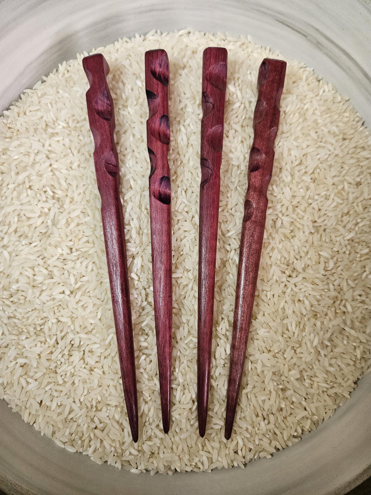 Purpleheart Carved Hair Stick – Handmade Exotic Wooden Hair Pin with Thumb Notches | Natural Purple Hairstick for Buns & Updos