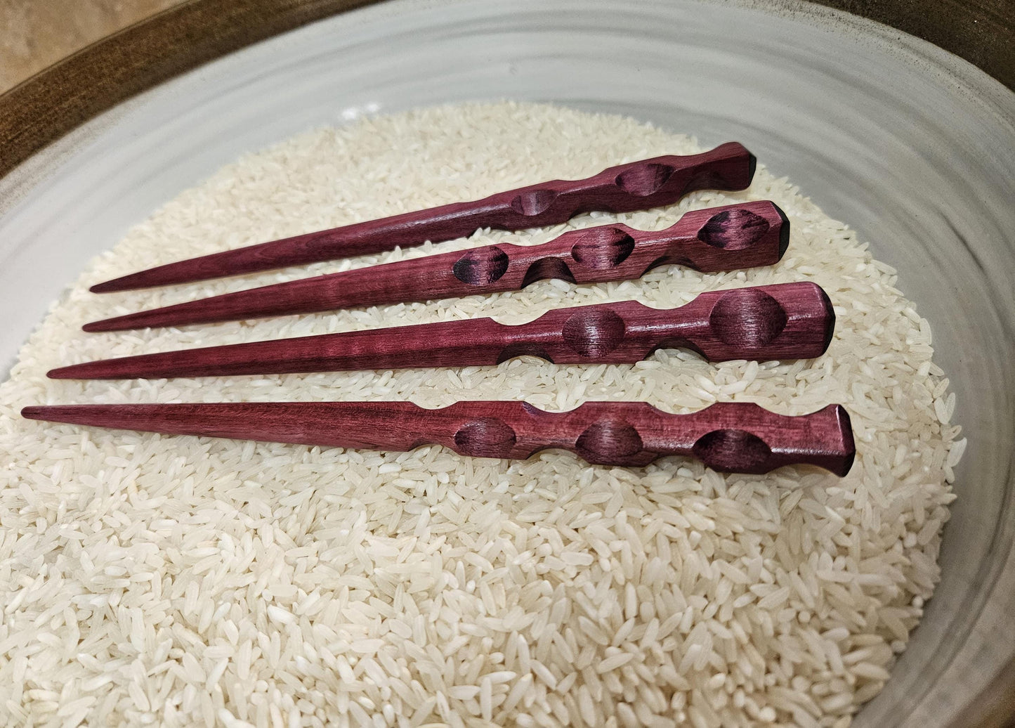 Purpleheart Carved Hair Stick – Handmade Exotic Wooden Hair Pin with Thumb Notches | Natural Purple Hairstick for Buns & Updos