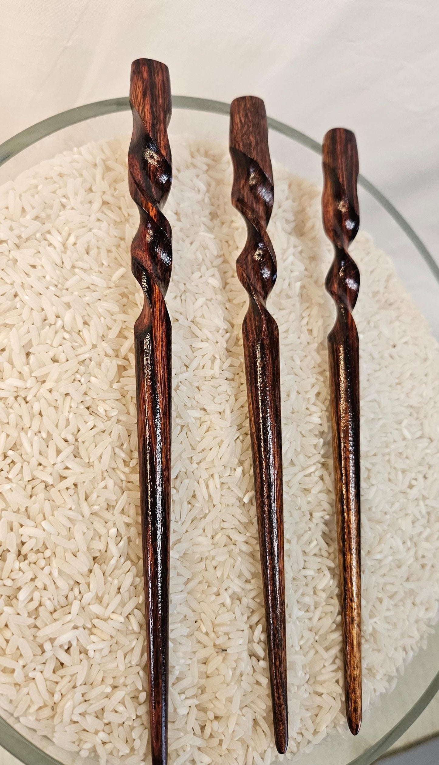 Caribbean Rosewood Spiral Hair Stick, 8" Hand-Carved | Natural-Finish Updo Pin for All Hair Types