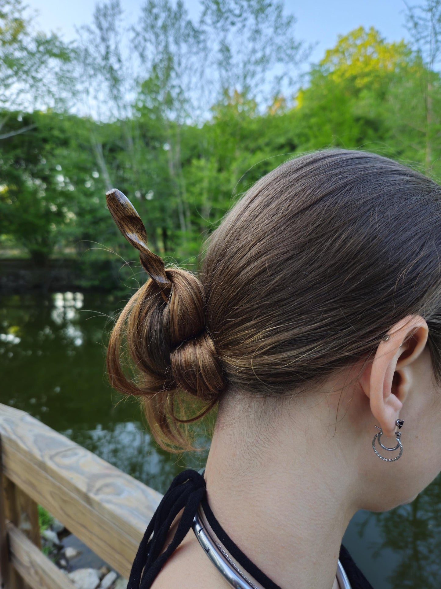 Caribbean Rosewood Spiral Hair Stick, 8" Hand-Carved | Natural-Finish Updo Pin for All Hair Types