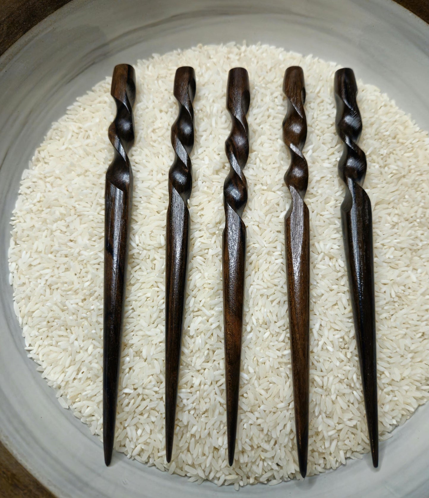 Ziricote Spiral Hair Stick – Handmade Exotic Wood Hairstick for Buns & Updos | Carved Dark Wooden Hair Pin for Long Hair