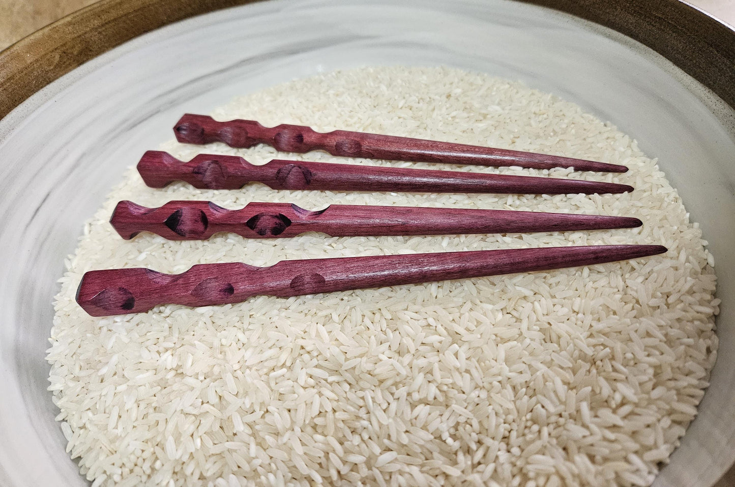 Purpleheart Carved Hair Stick – Handmade Exotic Wooden Hair Pin with Thumb Notches | Natural Purple Hairstick for Buns & Updos