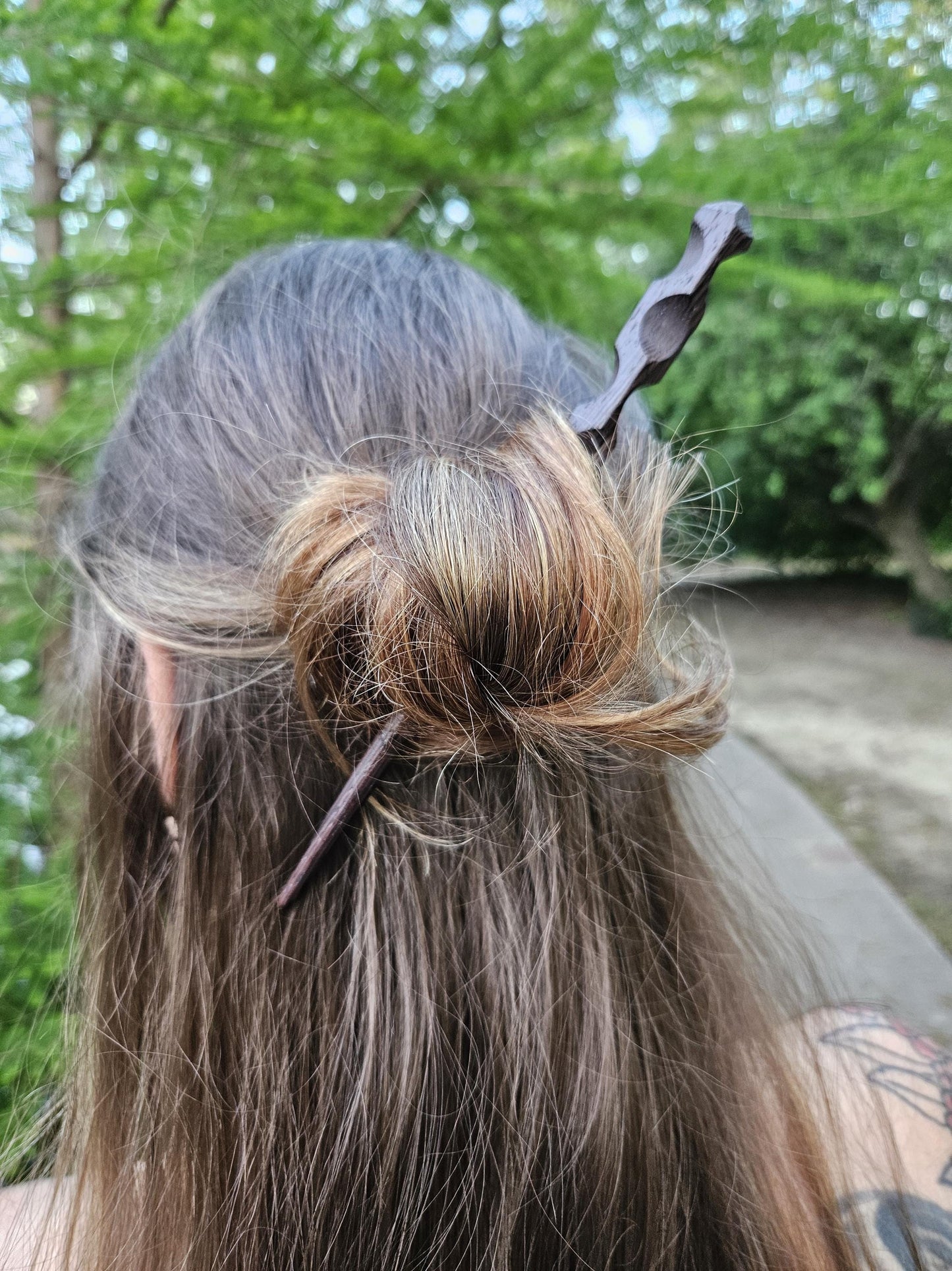 Bocote Wood Hair Stick – Handmade Sculpted Hair Pin with Thumb Notches | Natural Exotic Wooden Hairstick for Long Hair & Buns