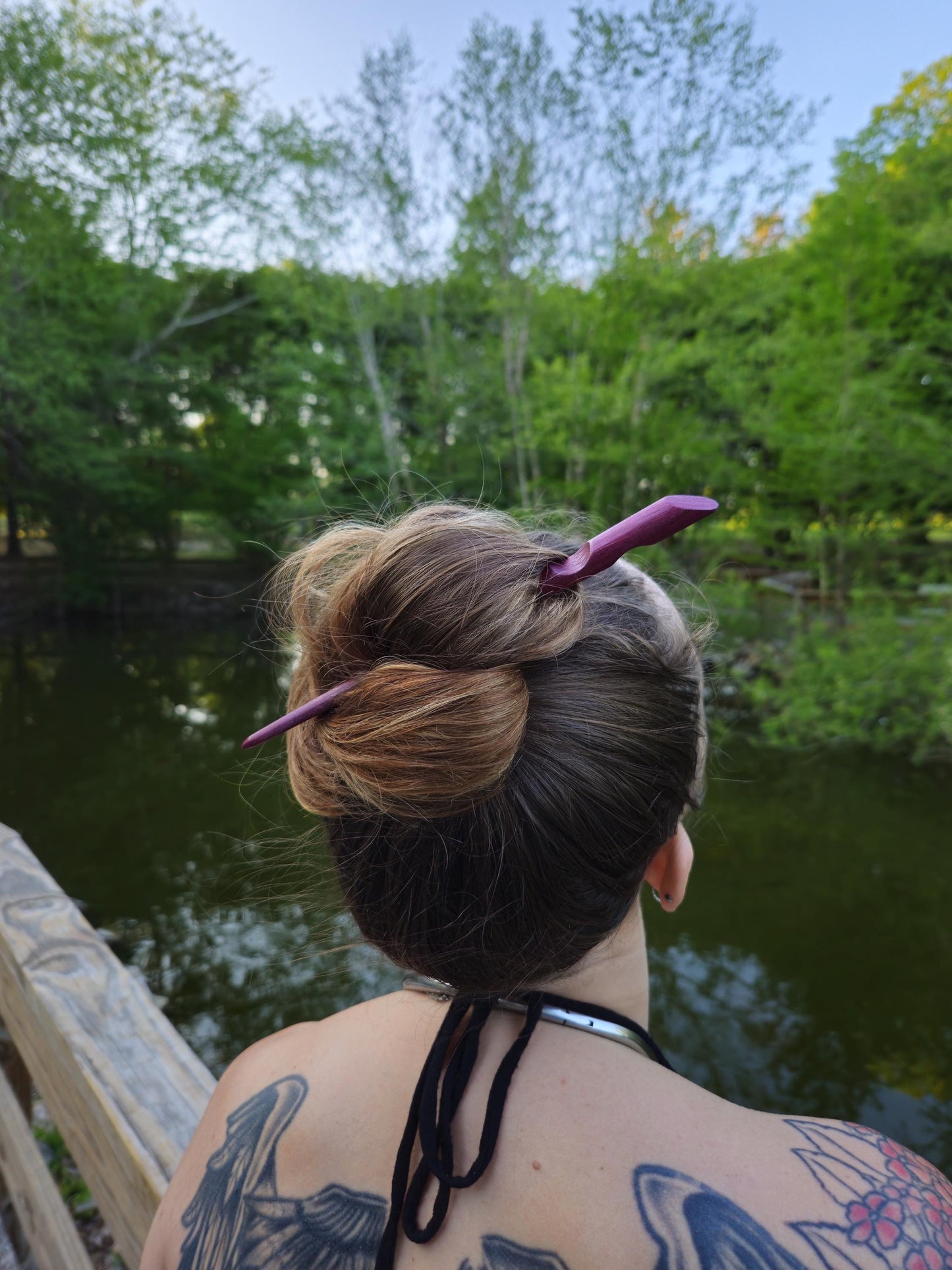 Purpleheart Wood Hair Stick – Handmade Angled Top Hair Pin for Buns & Updos | Natural Purple Wooden Hairstick for Long Hair