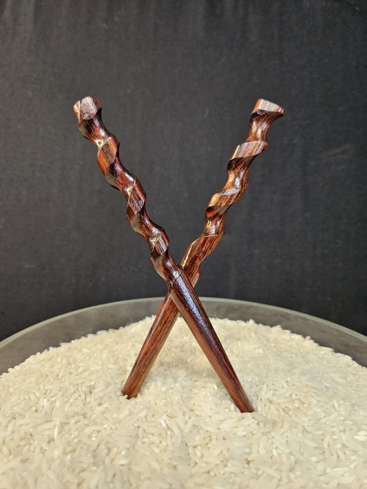 Caribbean Rosewood Hair Stick 8" Spiral Helix Design | Handmade Natural-Finish Updo Pin for All Hair Types
