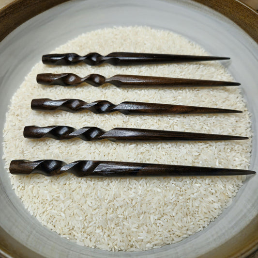 Ziricote Spiral Hair Stick – Handmade Exotic Wood Hairstick for Buns & Updos | Carved Dark Wooden Hair Pin for Long Hair