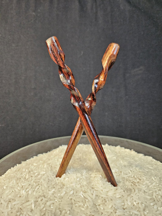 Caribbean Rosewood Spiral Hair Stick, 8" Hand-Carved | Natural-Finish Updo Pin for All Hair Types